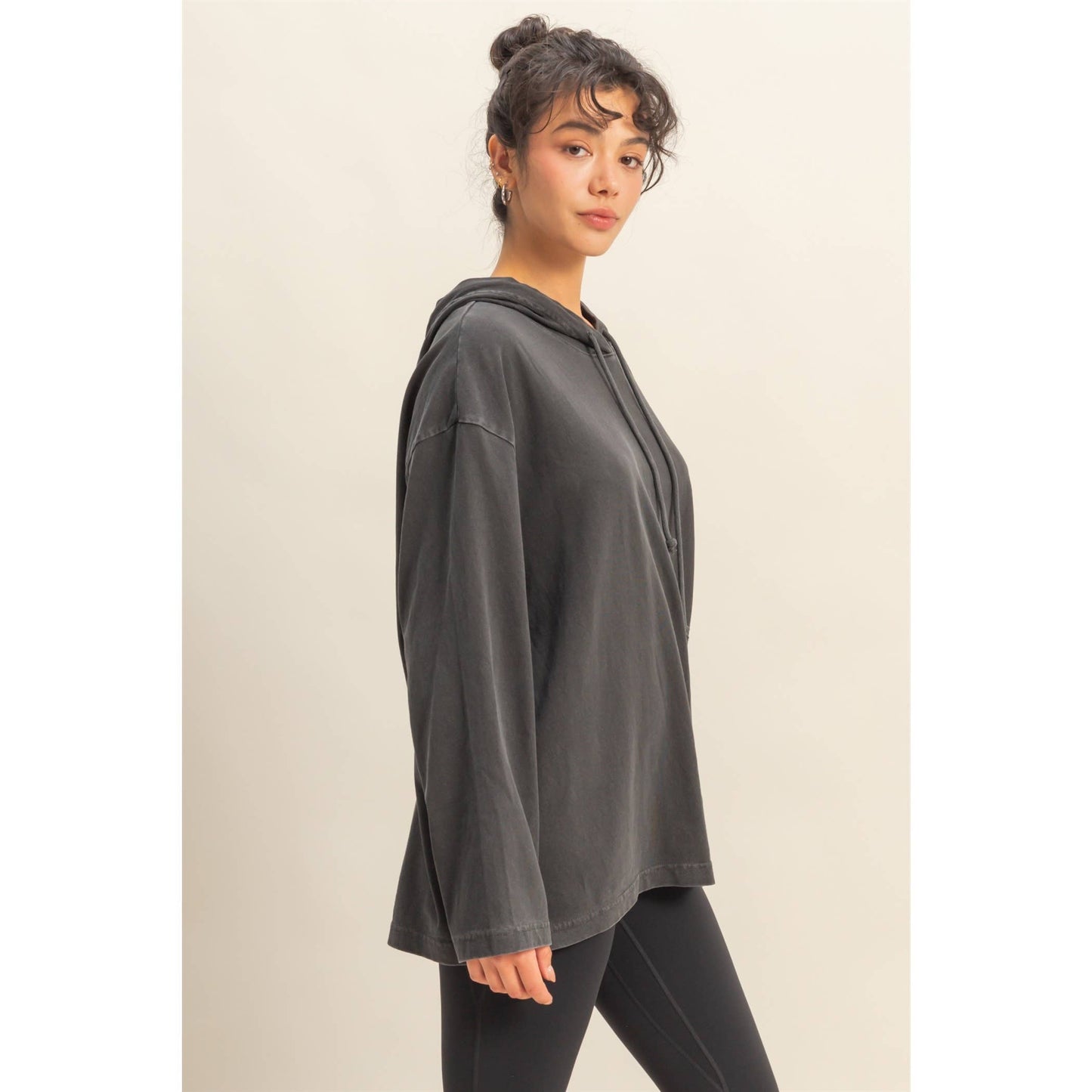 Oversized Hooded Long-Sleeve Top: BLACK