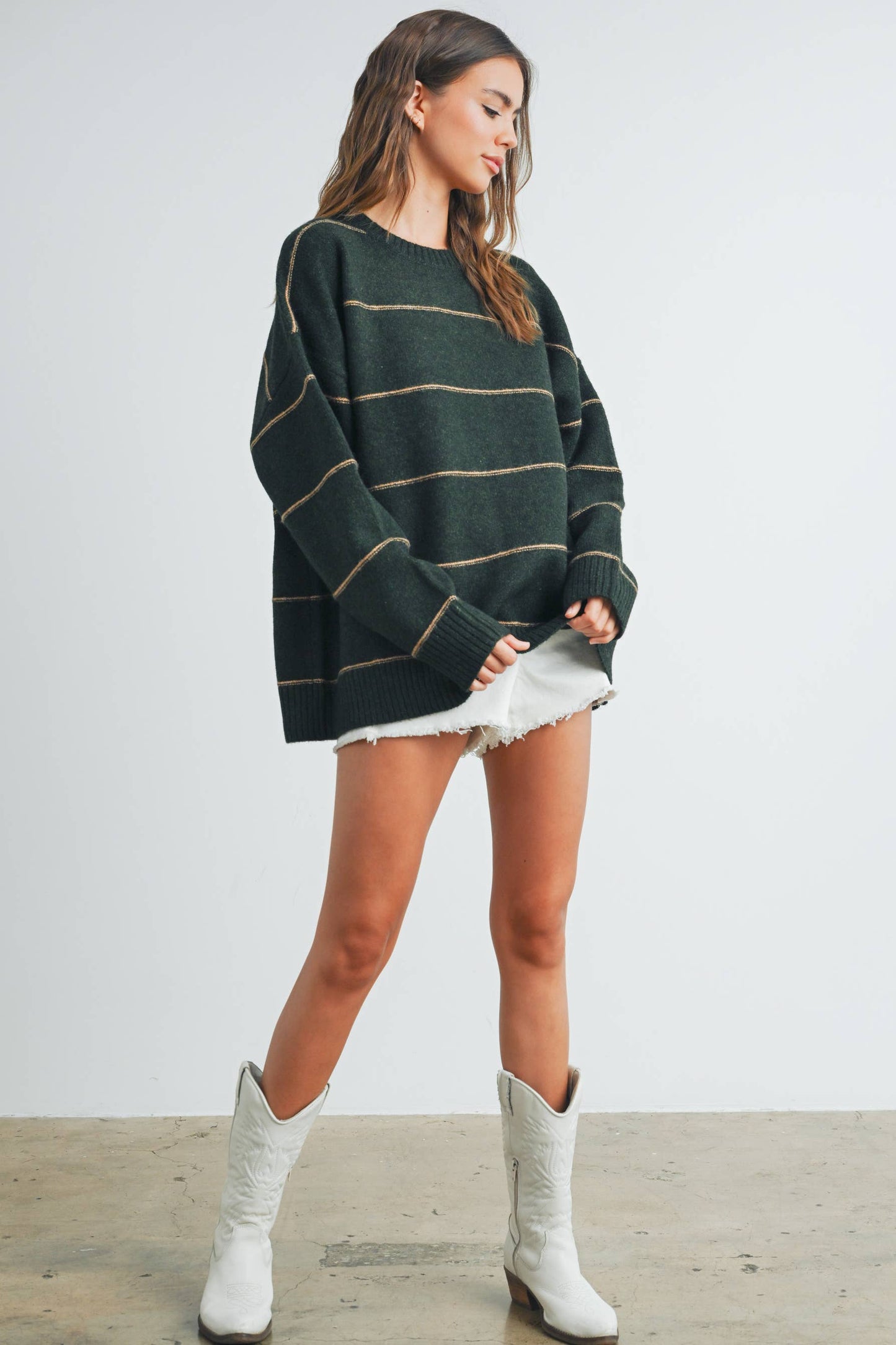 Striped Pattern Drop Shoulder Sweater -OLIVE MULTI
