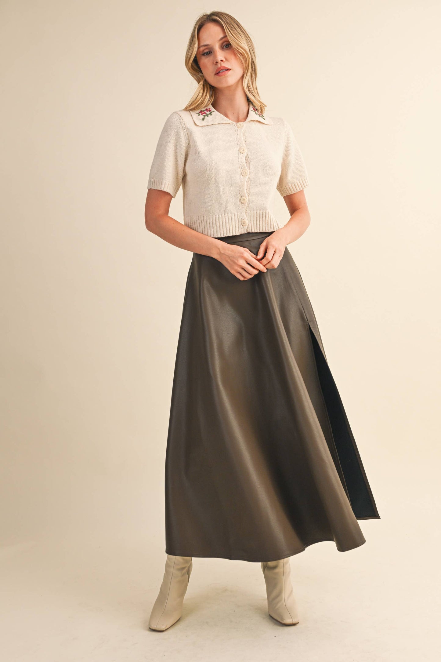 LEATHER A-LINE MAXI SKIRT WITH HIGH SLIT: Black