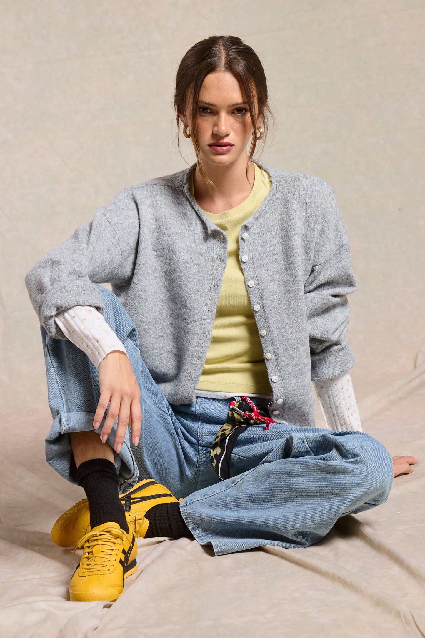 Essential Button Down Cardigan Top: Grey