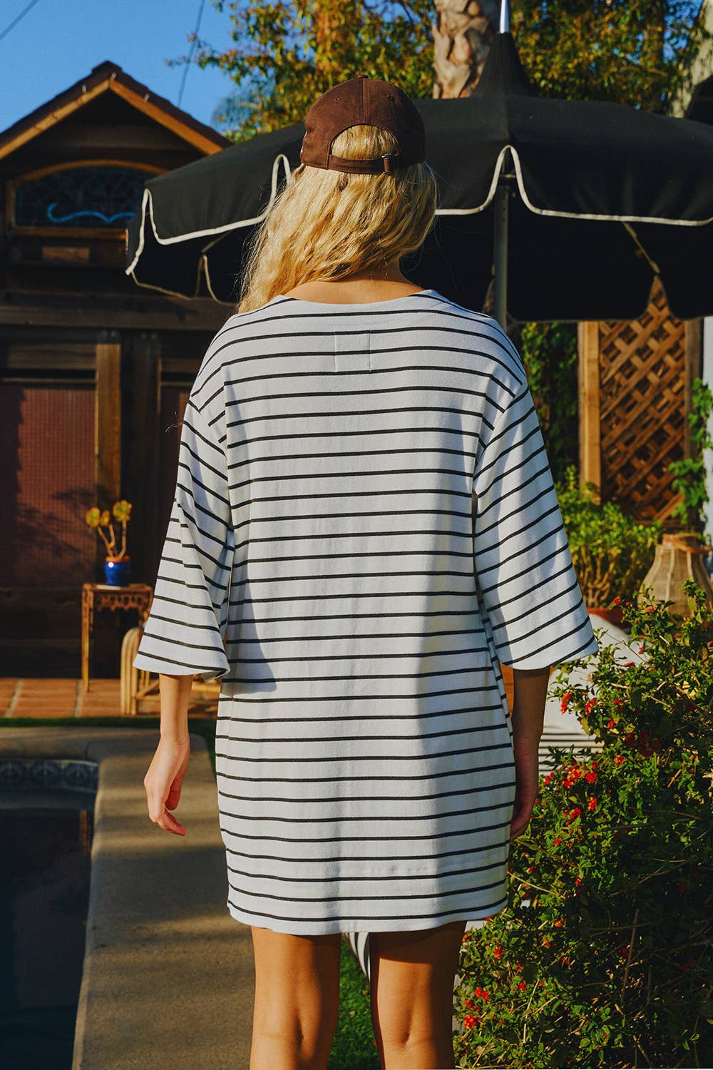Boat Neck Oversized Striped Mini T-shirt Dress: Ivory/Black