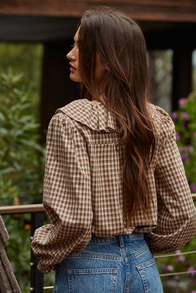 Woven Cotton Gingham Ruffled Blouse: Brown