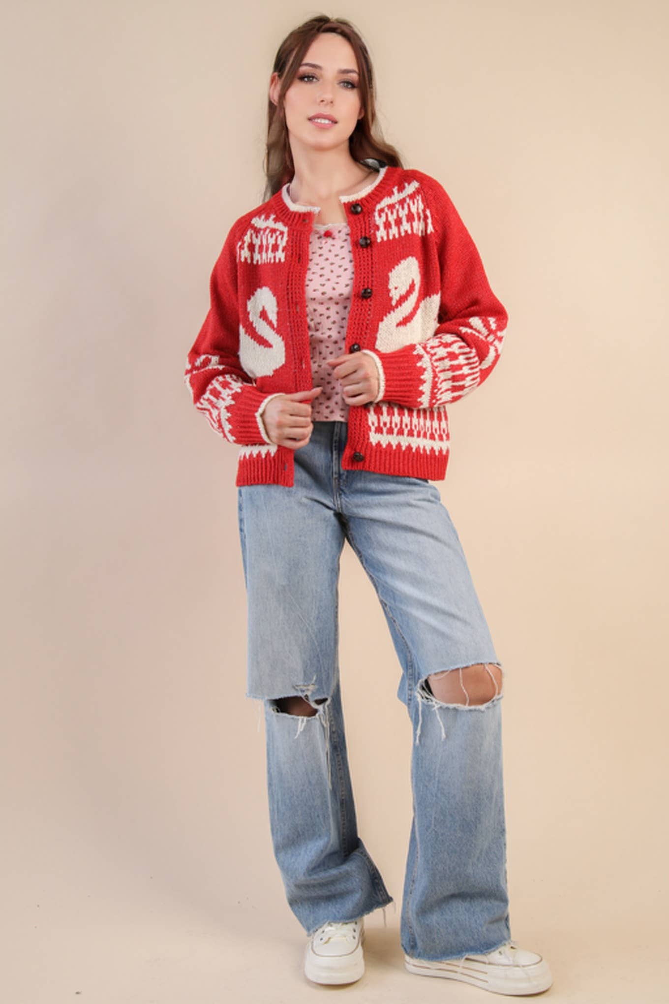 Goose Knit Sweater Cardigan: RED