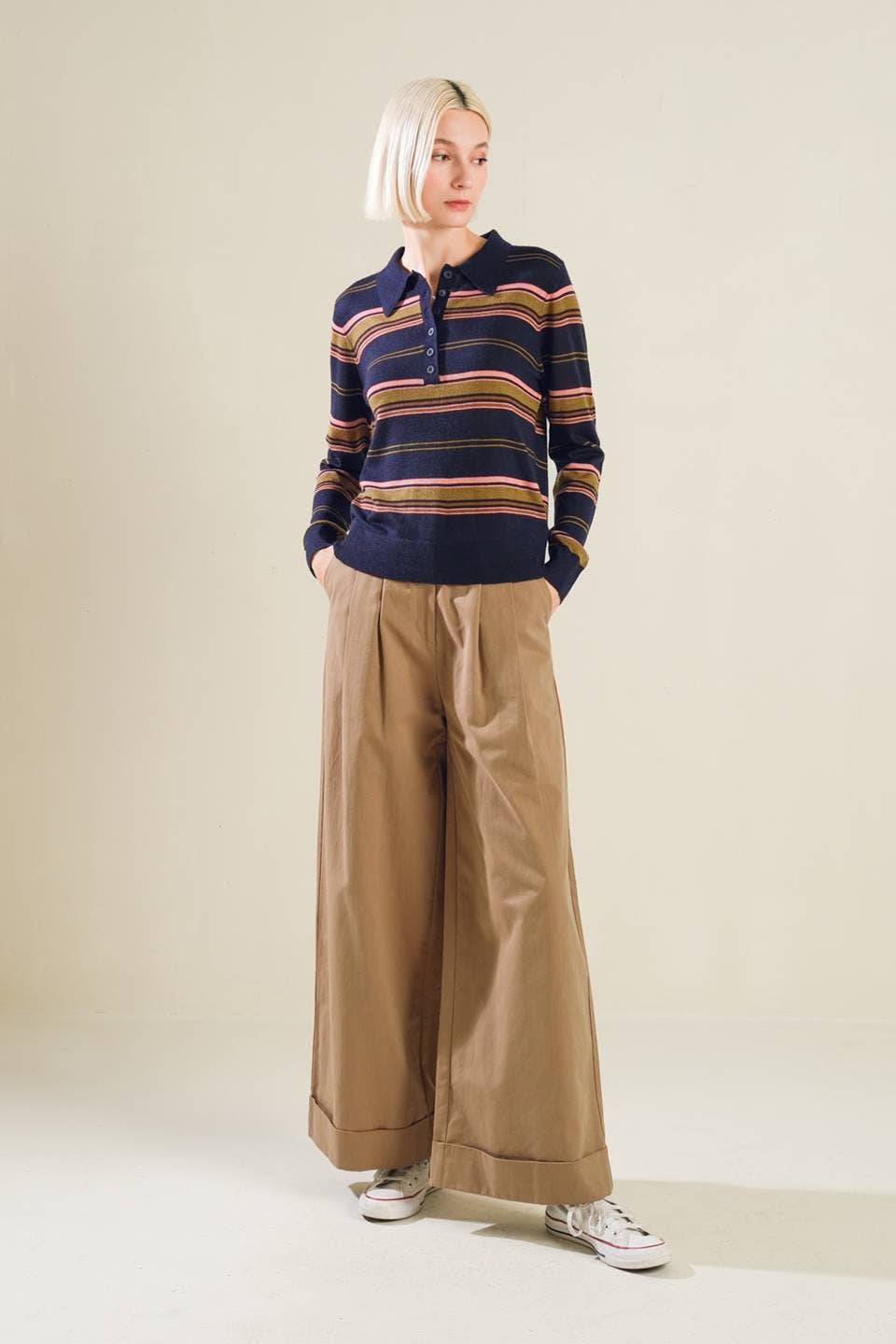 A striped sweater knit polo top: NAVY MULTI