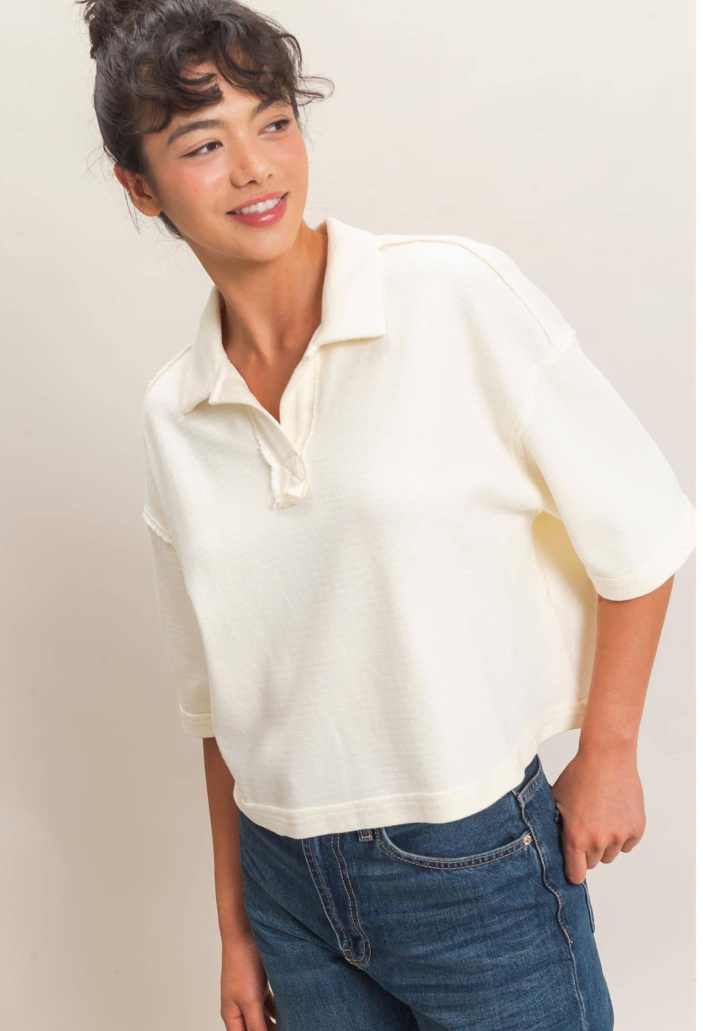 Mineral Wash Oversized Collar Short Sleeve Top: CREAM
