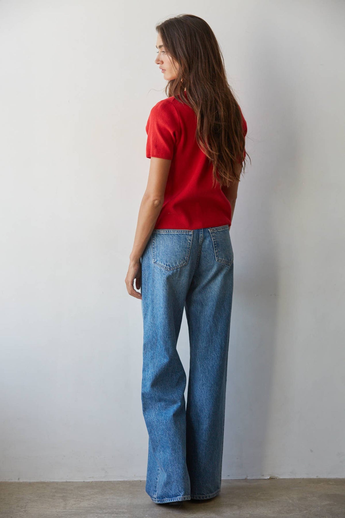 Knit Sweater Short Sleeve Button Down Top: Red