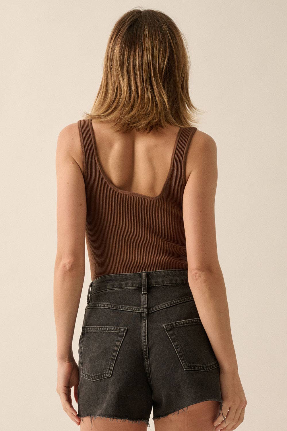 Shaper Fit Scoop Neck Rib Knit Tank Bodysuit: Chocolate