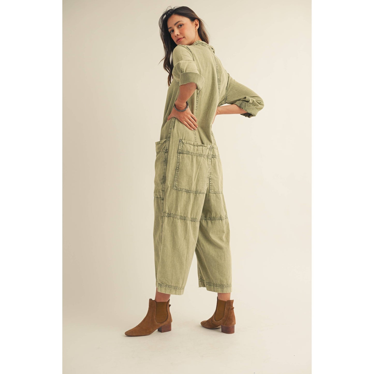 Washed Vintage Relaxed Button Jumpsuit: OLIVE GARDEN