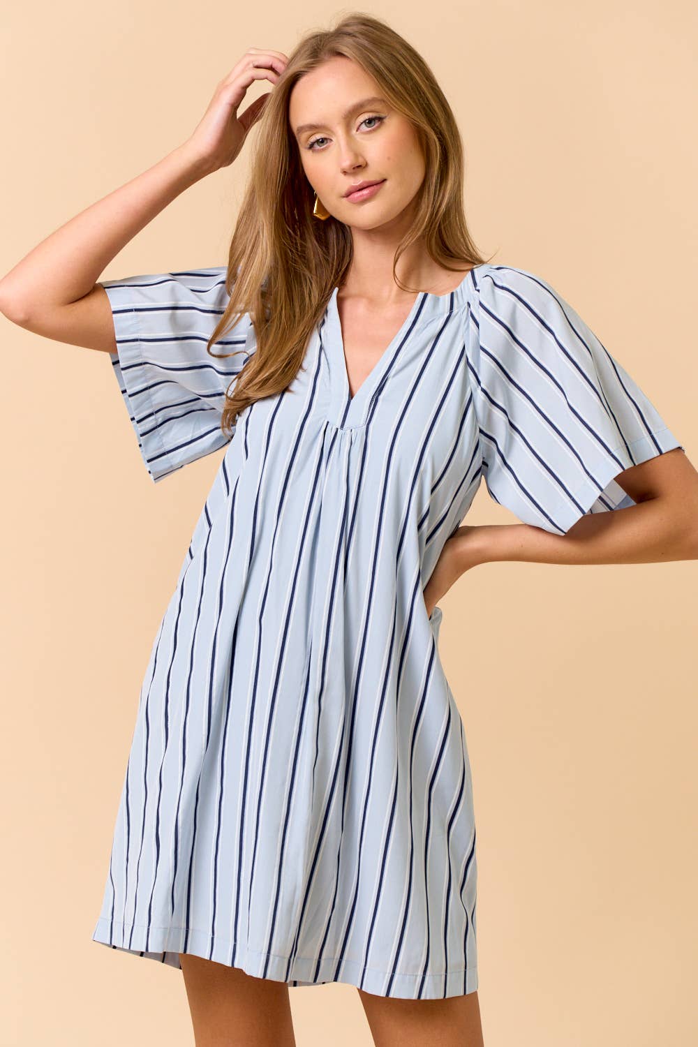 Striped Deep V-Neckline Mini Dress: LT BLUE