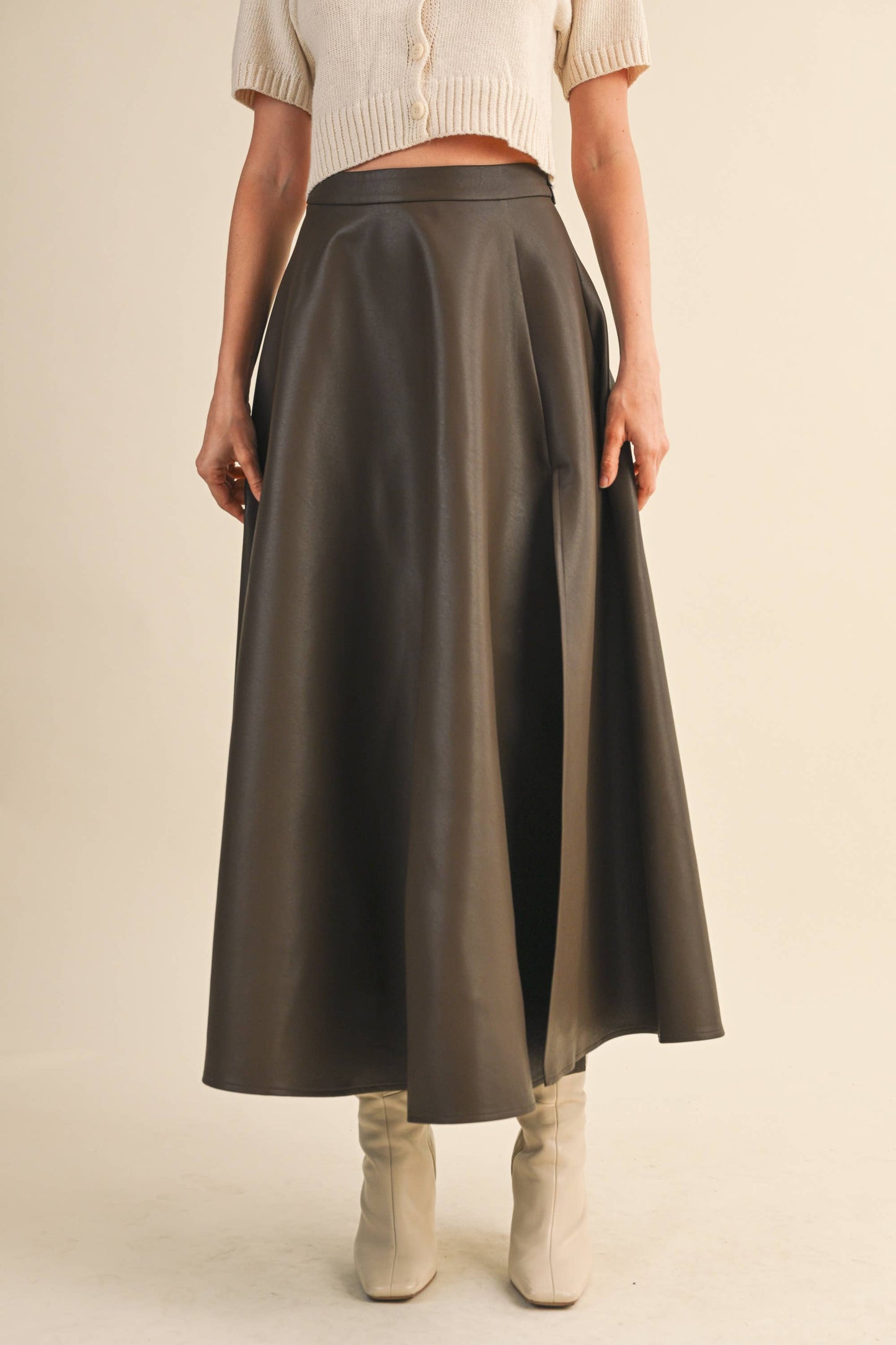 LEATHER A-LINE MAXI SKIRT WITH HIGH SLIT: Black