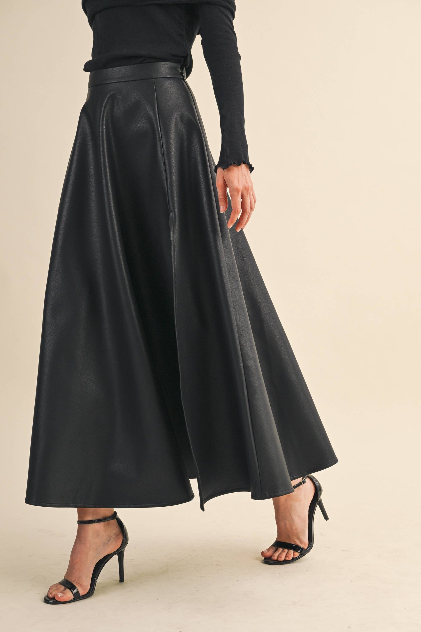 LEATHER A-LINE MAXI SKIRT WITH HIGH SLIT: Black