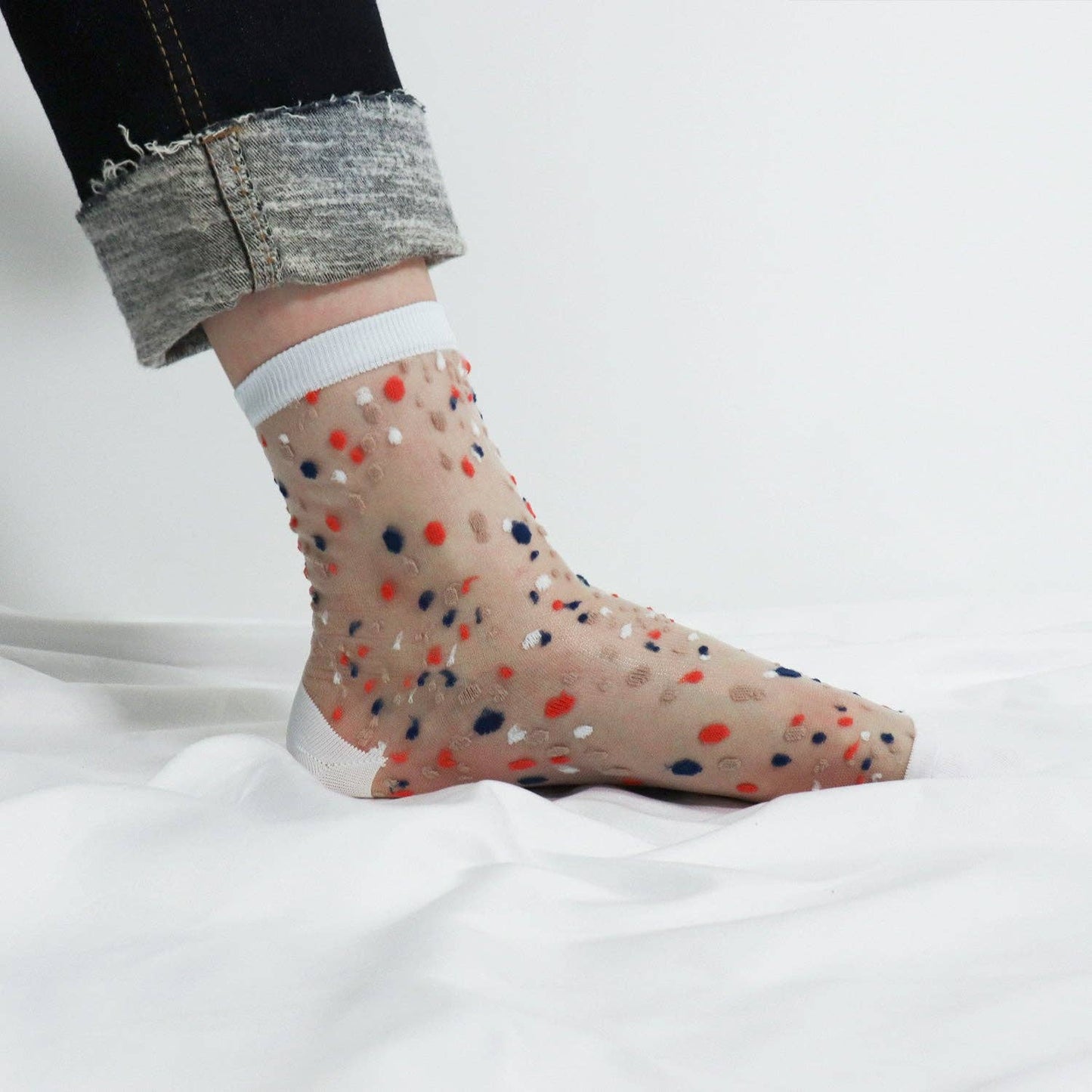 Women's Crew Sheer Multi See-Through Dots Socks: