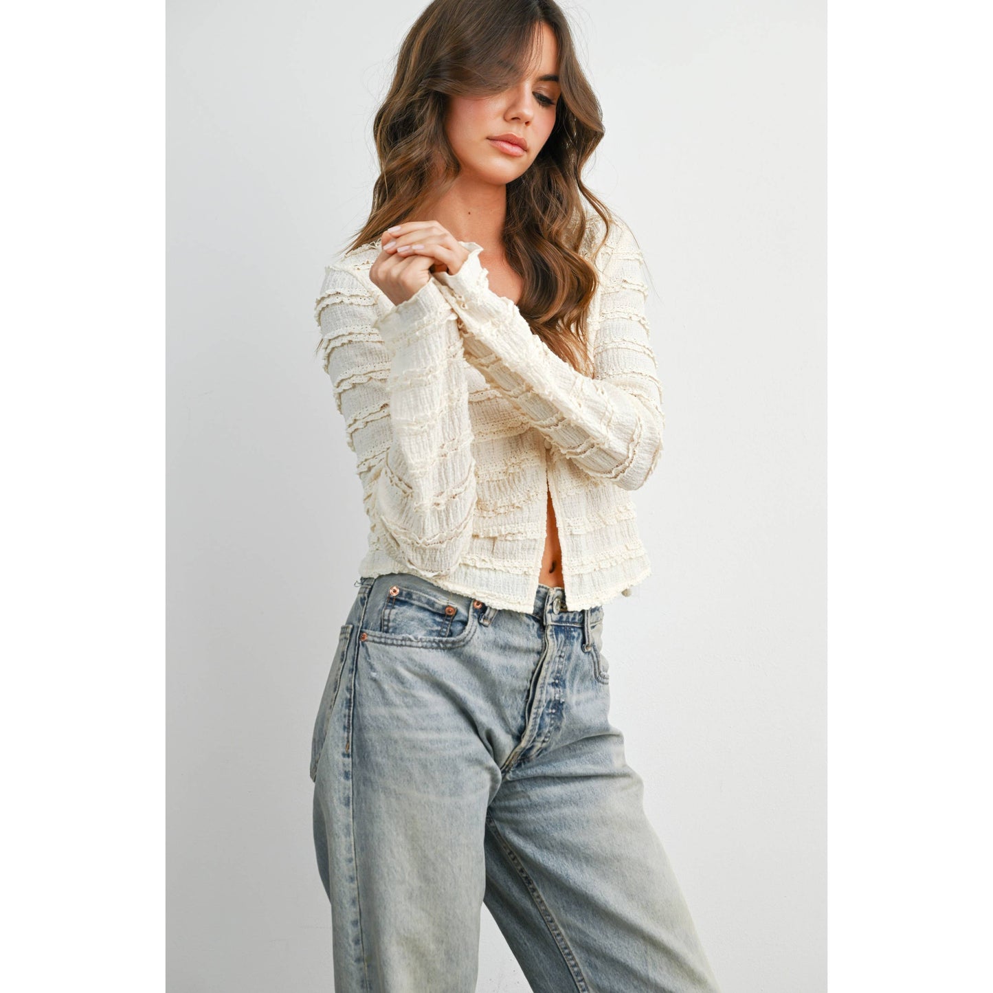 Ruched Ribbon Knit Top: Cream