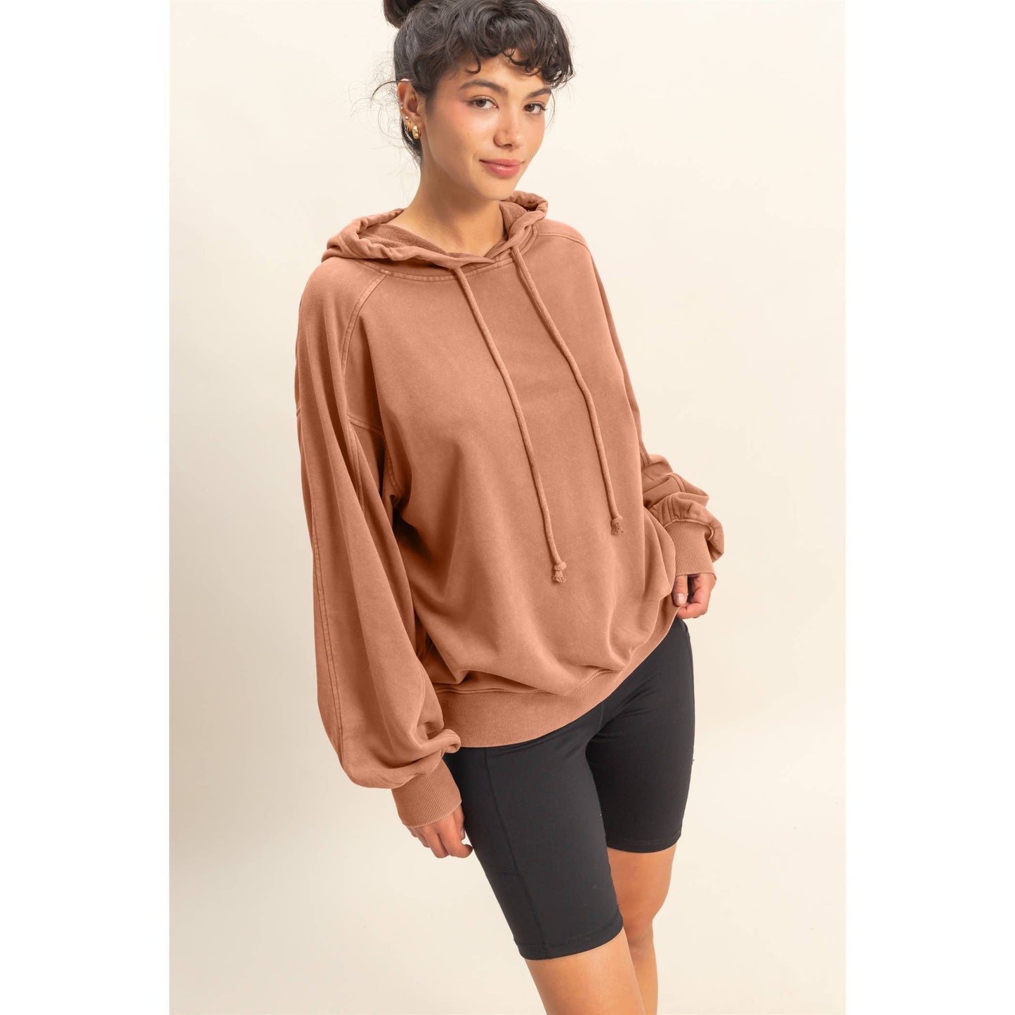 Mineral Washed Seam Detail Hoodie: DARK BROWN