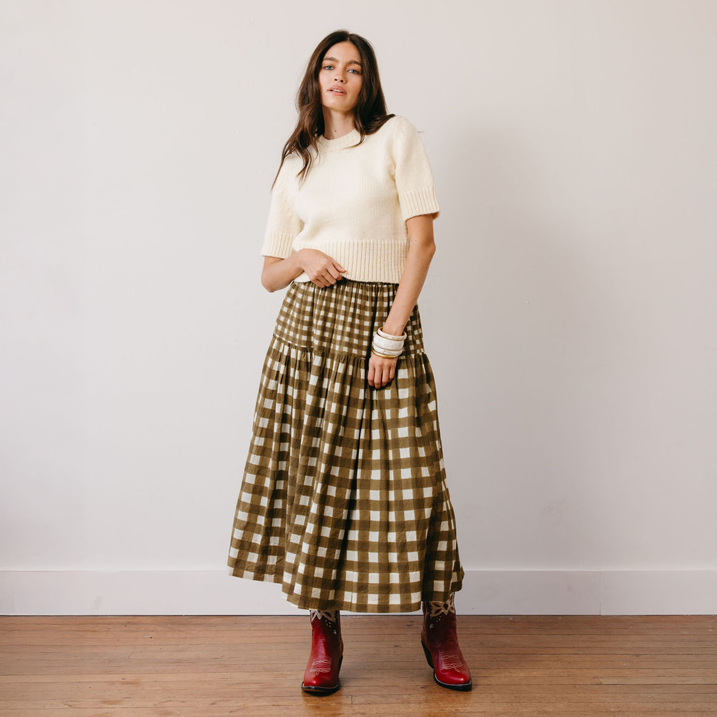 Painted Gingham Colette Skirt: Moss