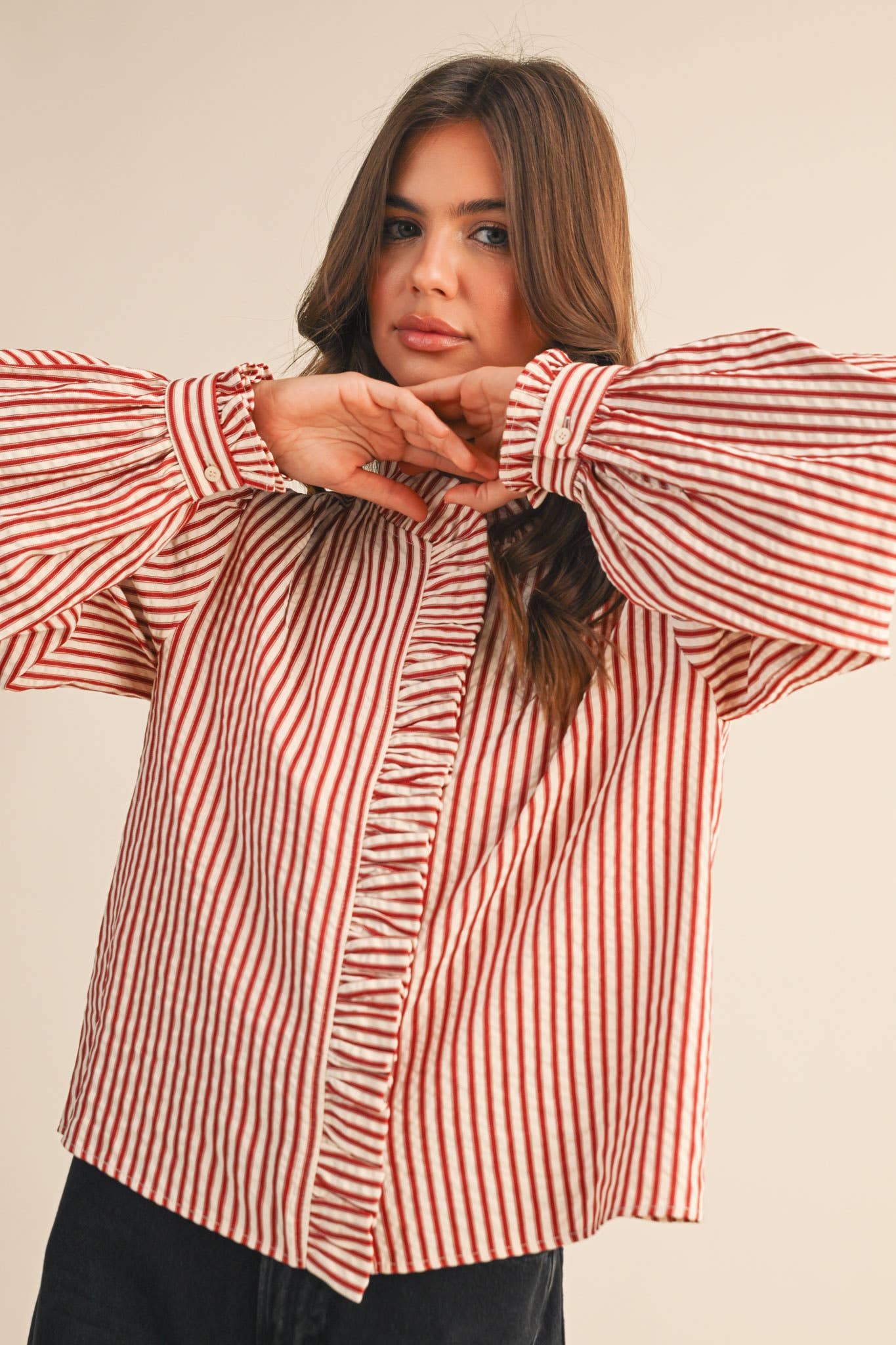 STRIPED RUFFLED BUTTON DOWN: Red Stripe