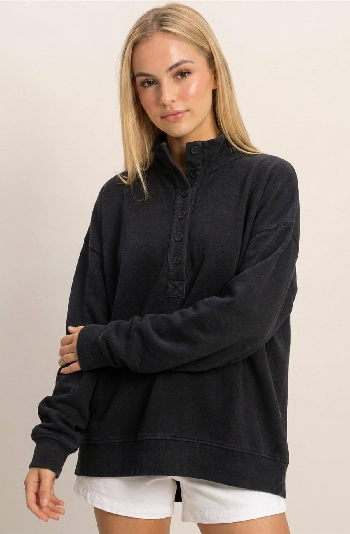 Mineral Wash Button Front Sweatshirt: BLACK