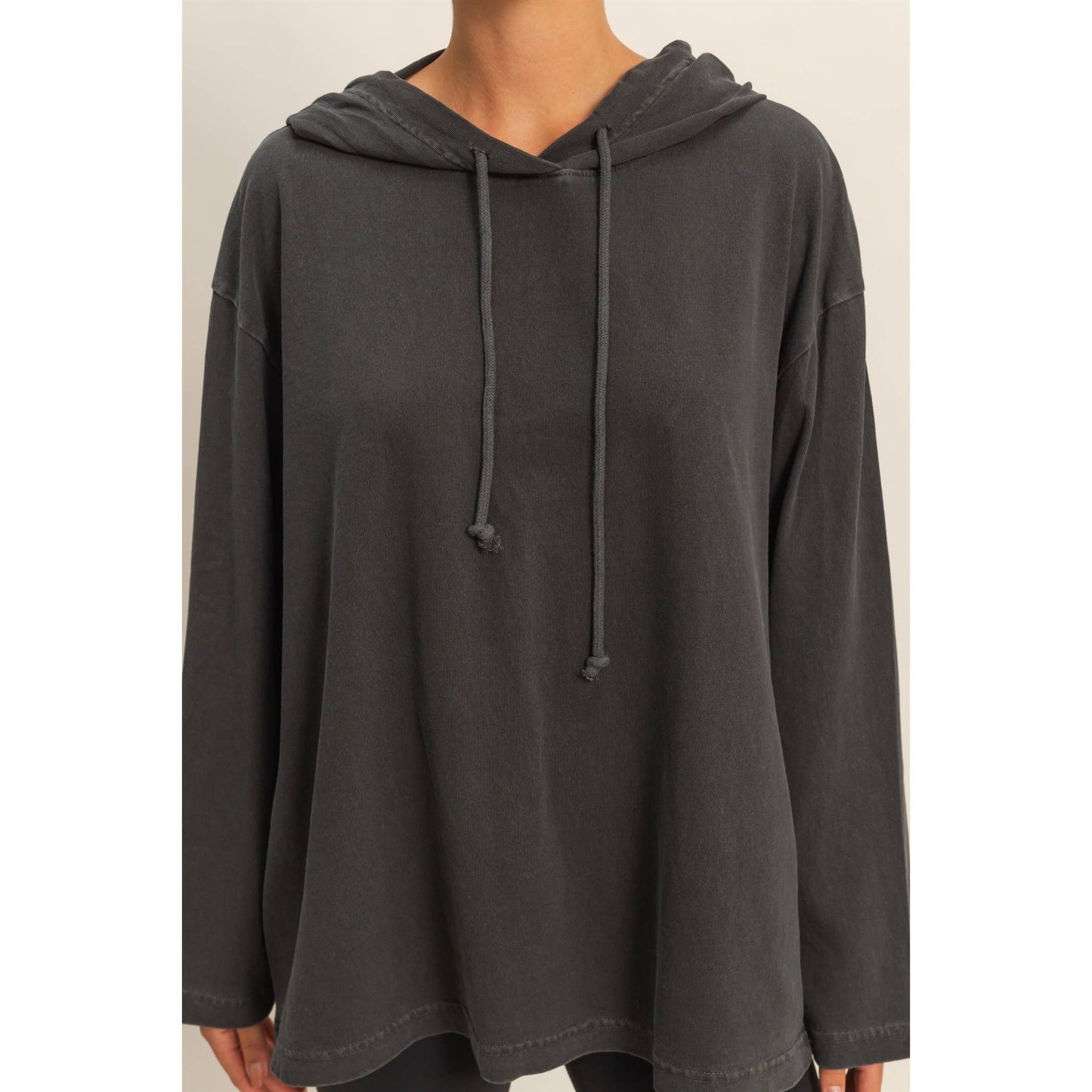 Oversized Hooded Long-Sleeve Top: BLACK