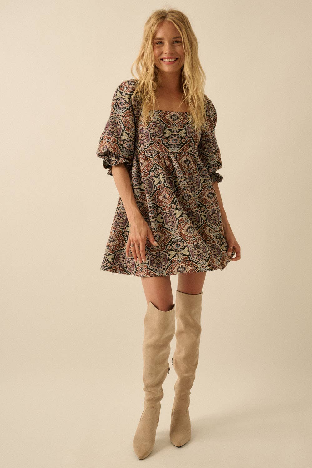Ornate Jacquard Tapestry Babydoll Mini Dress: Black