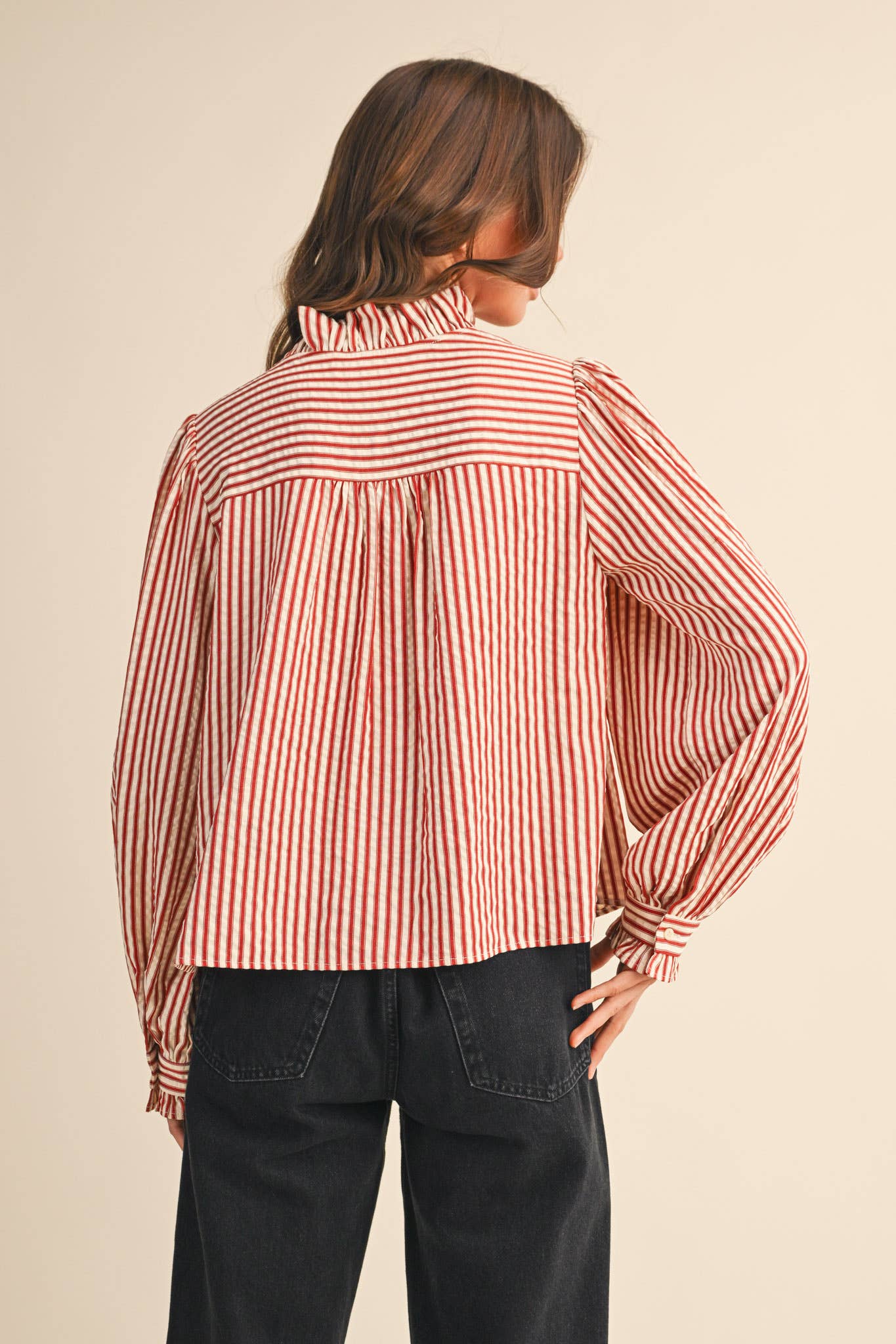 STRIPED RUFFLED BUTTON DOWN: Red Stripe