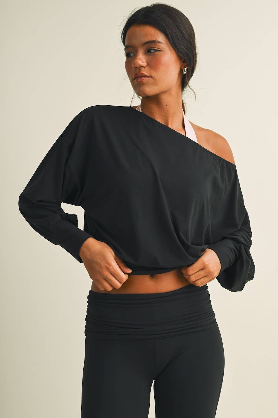Soft Knit Off Shoulder Slouchy Top: Black