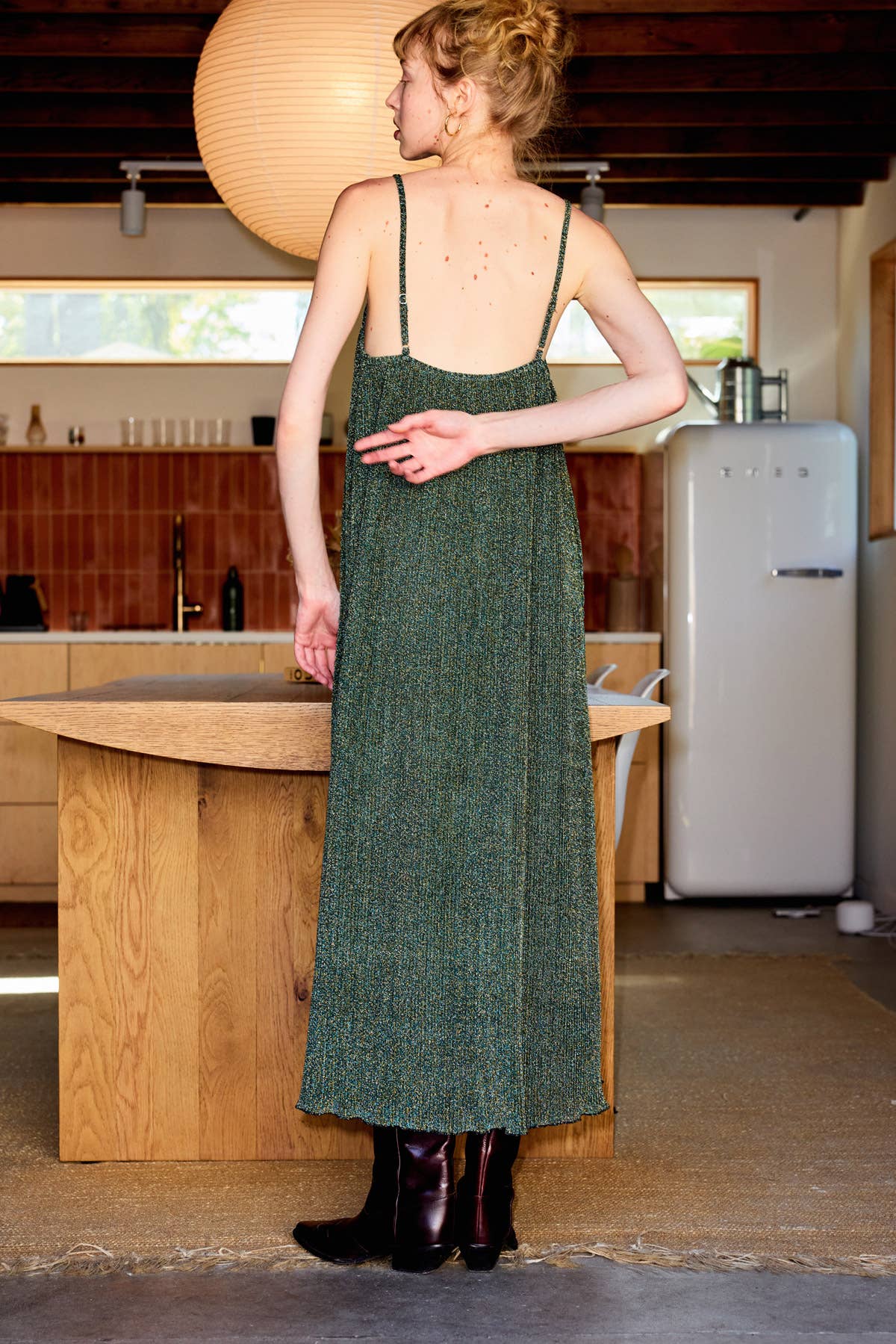 Metallic Aurora Camisole Pleated Midi Dress : Olive