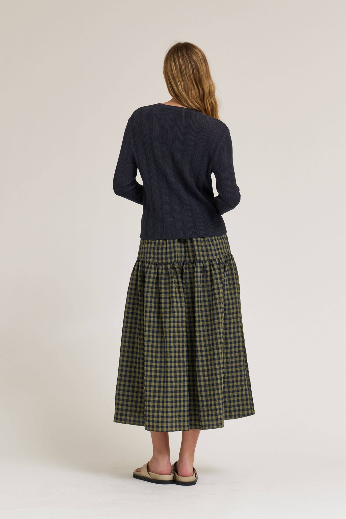 FRONT BUTTON CHECK SKIRT: OLIVE