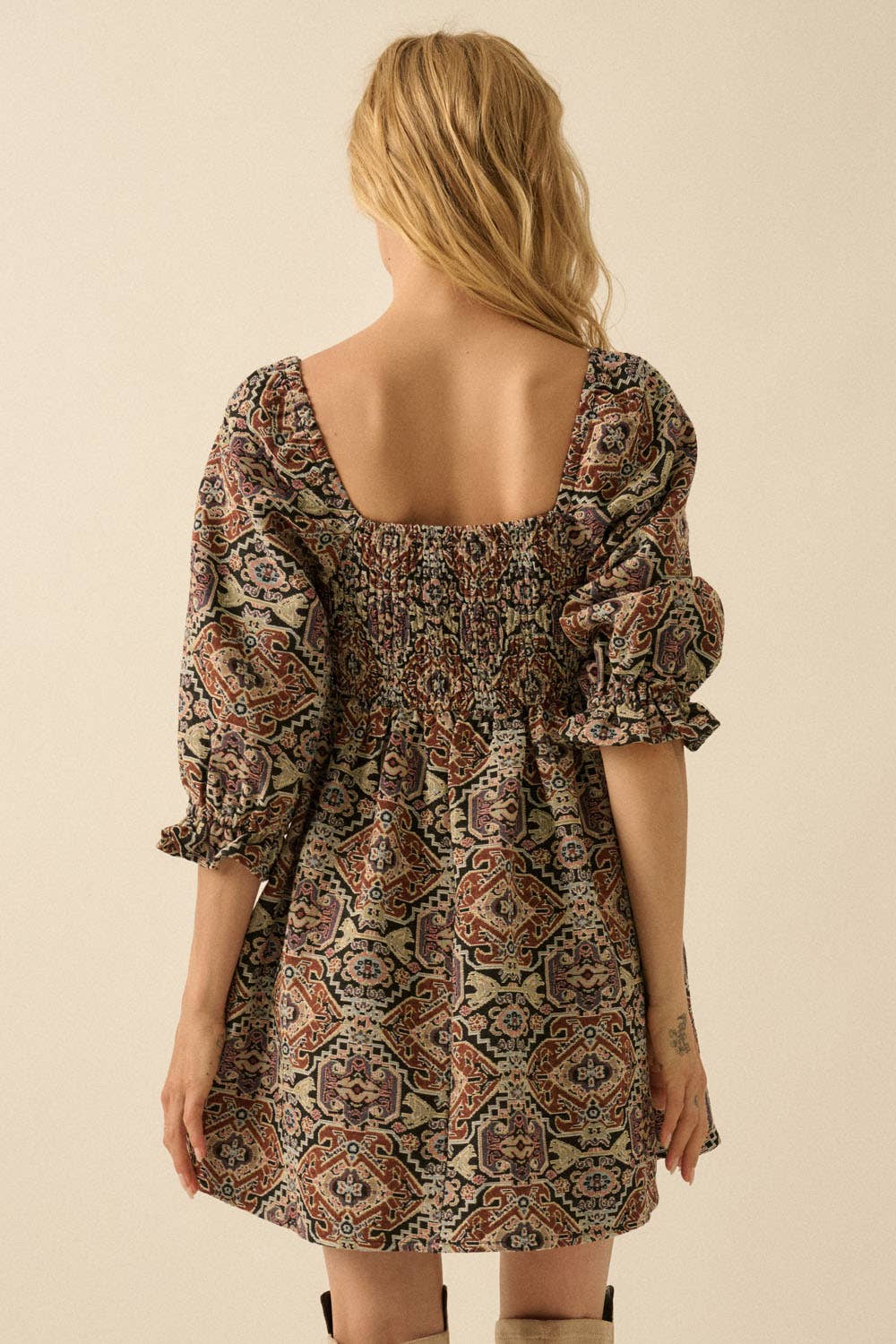 Ornate Jacquard Tapestry Babydoll Mini Dress: Black