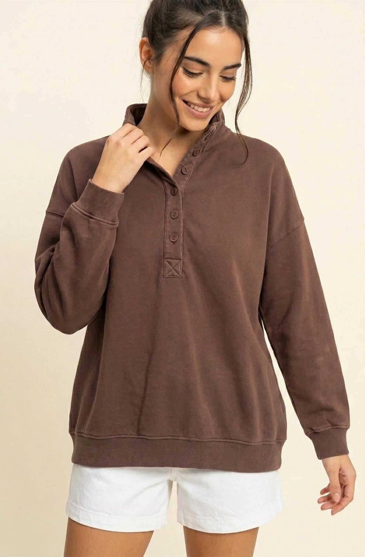Mineral Wash Button Front Sweatshirt: DARK BROWN