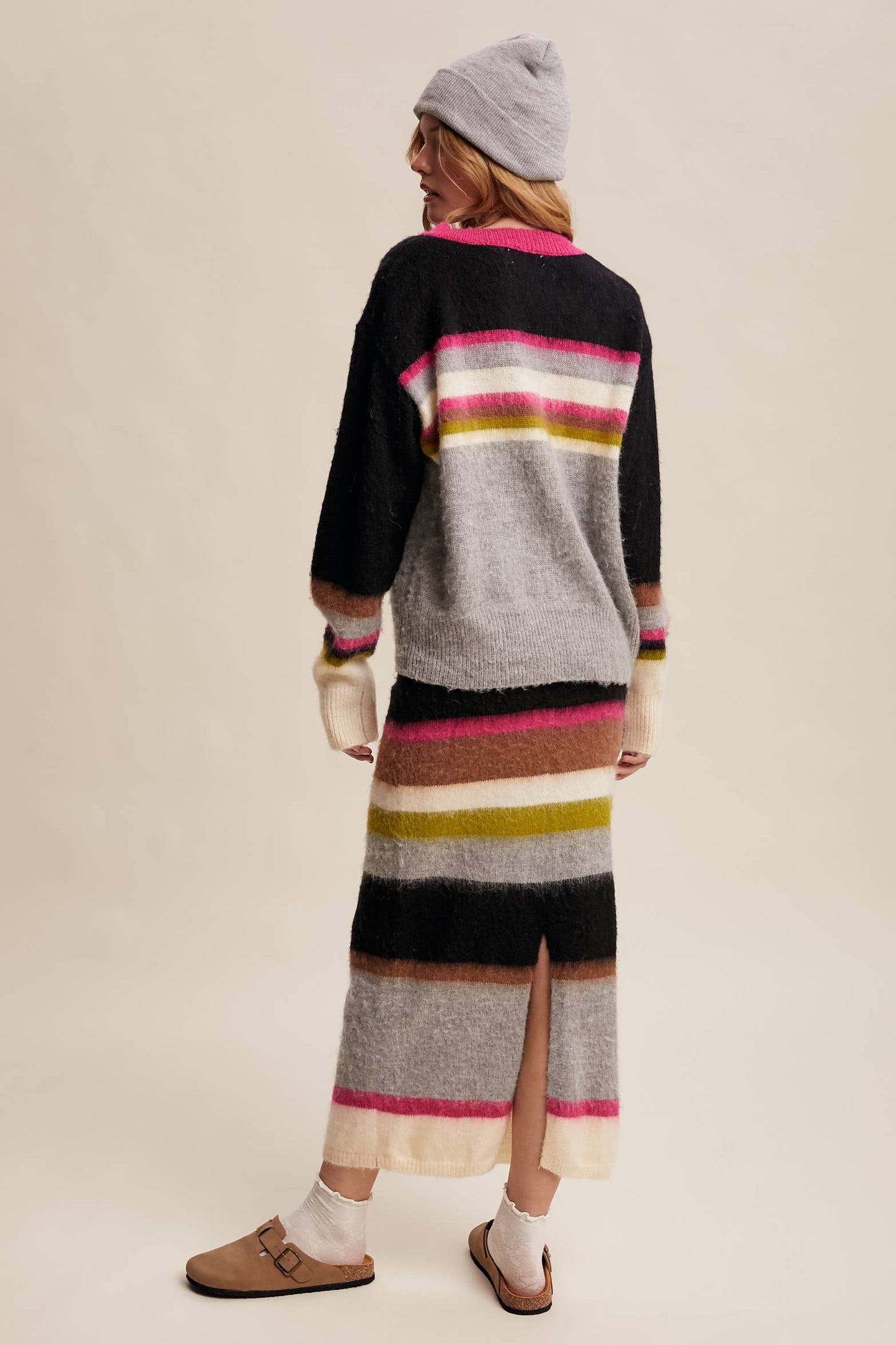 Striped Fuzzy Knit Sweater & Skirt: Light Pink Multi