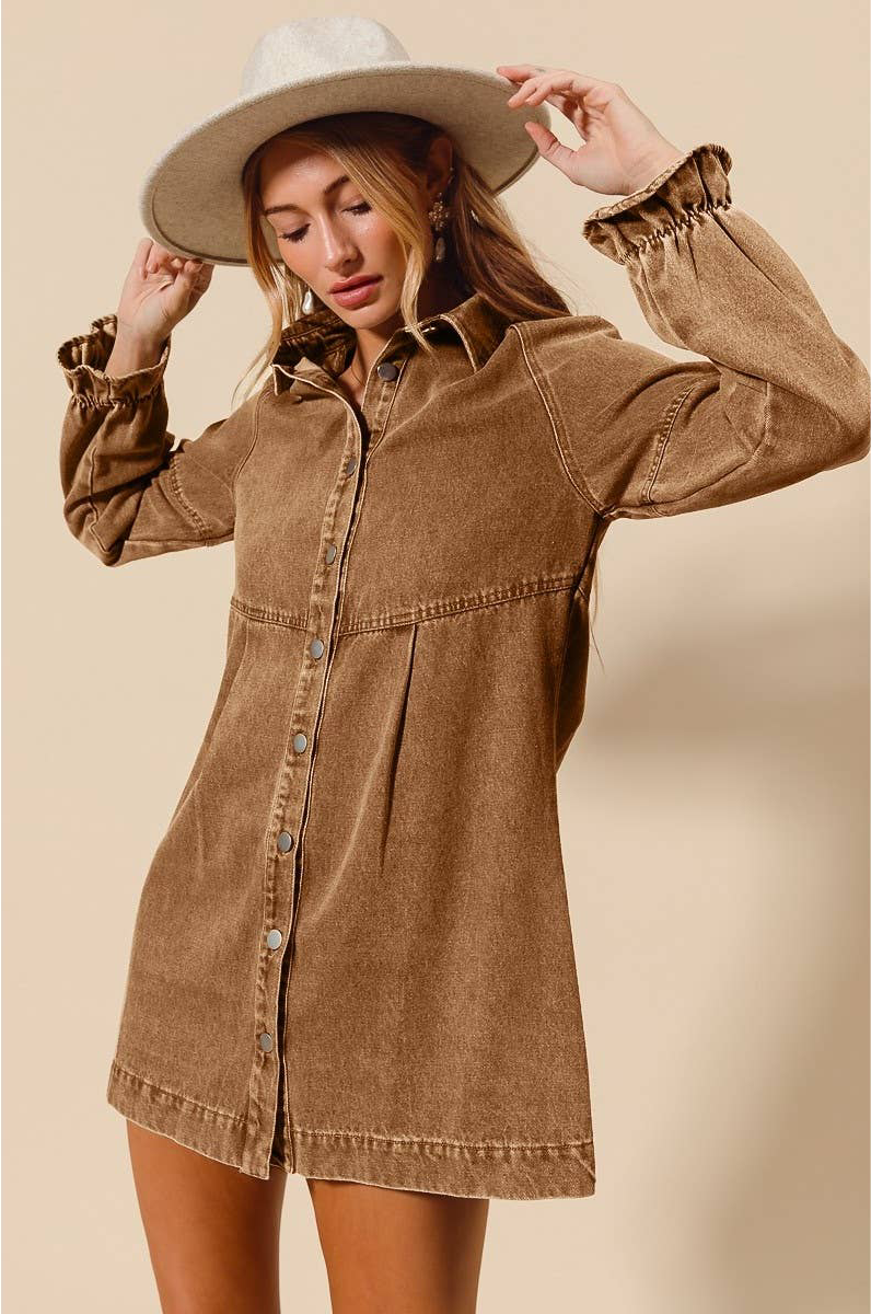 WASHED COLOR DENIM BUTTON DOWN SHIRT MINI DRESS: CAMEL