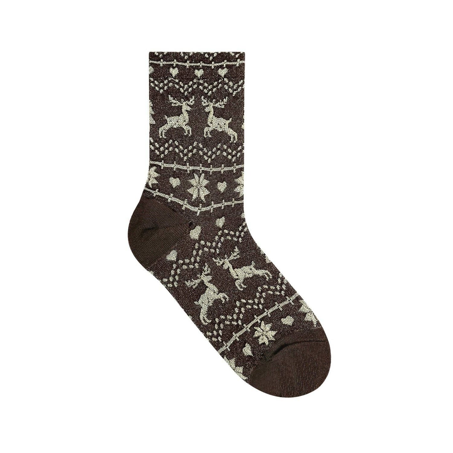 Women's Crew Winter Nordic Textured Snowy Deer Socks: Brown