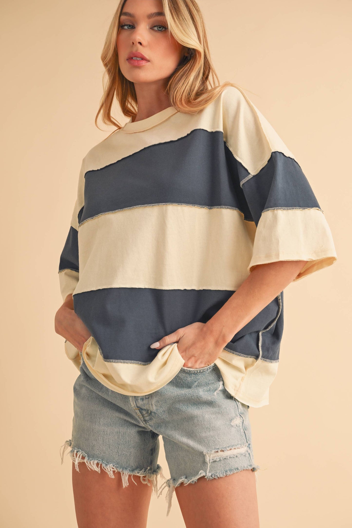 Polly Color Block Top: Navy