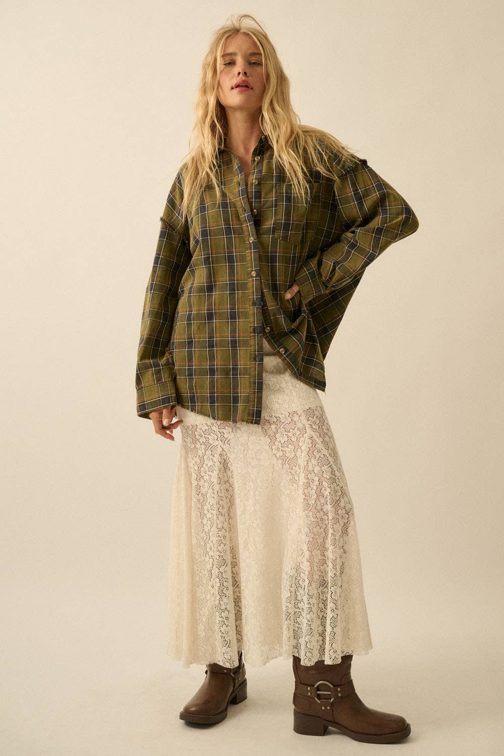 Plaid Oversized Raw-Edge Exposed-Seam Pocket Shirt: Olive
