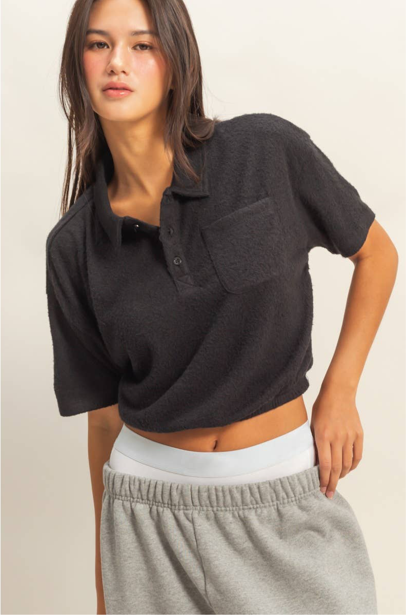 Collared Short Sleeve Crop Top: BLACK