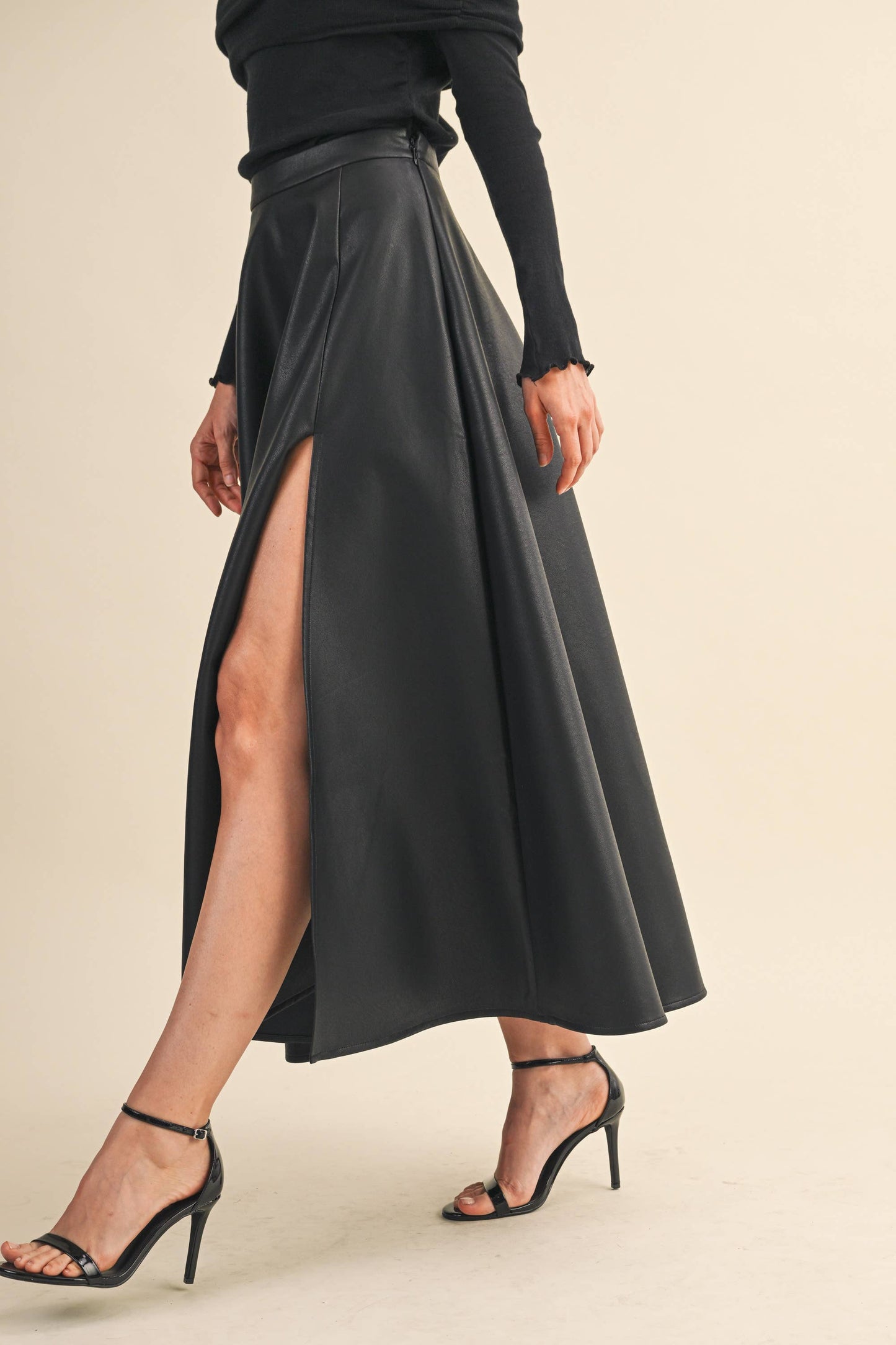 LEATHER A-LINE MAXI SKIRT WITH HIGH SLIT: Black