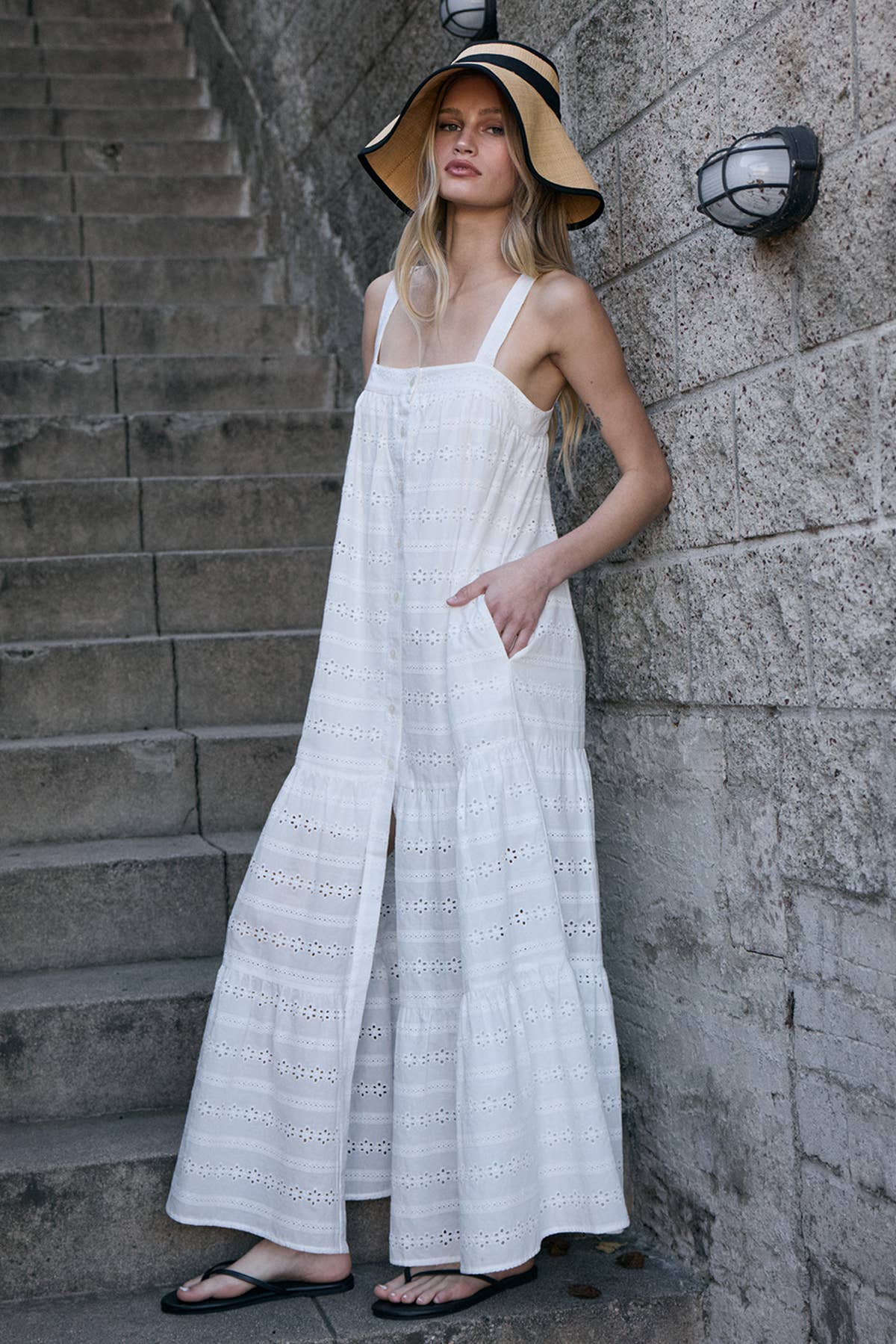 Eyelet Tiered Button Front Maxi Dress: WHITE