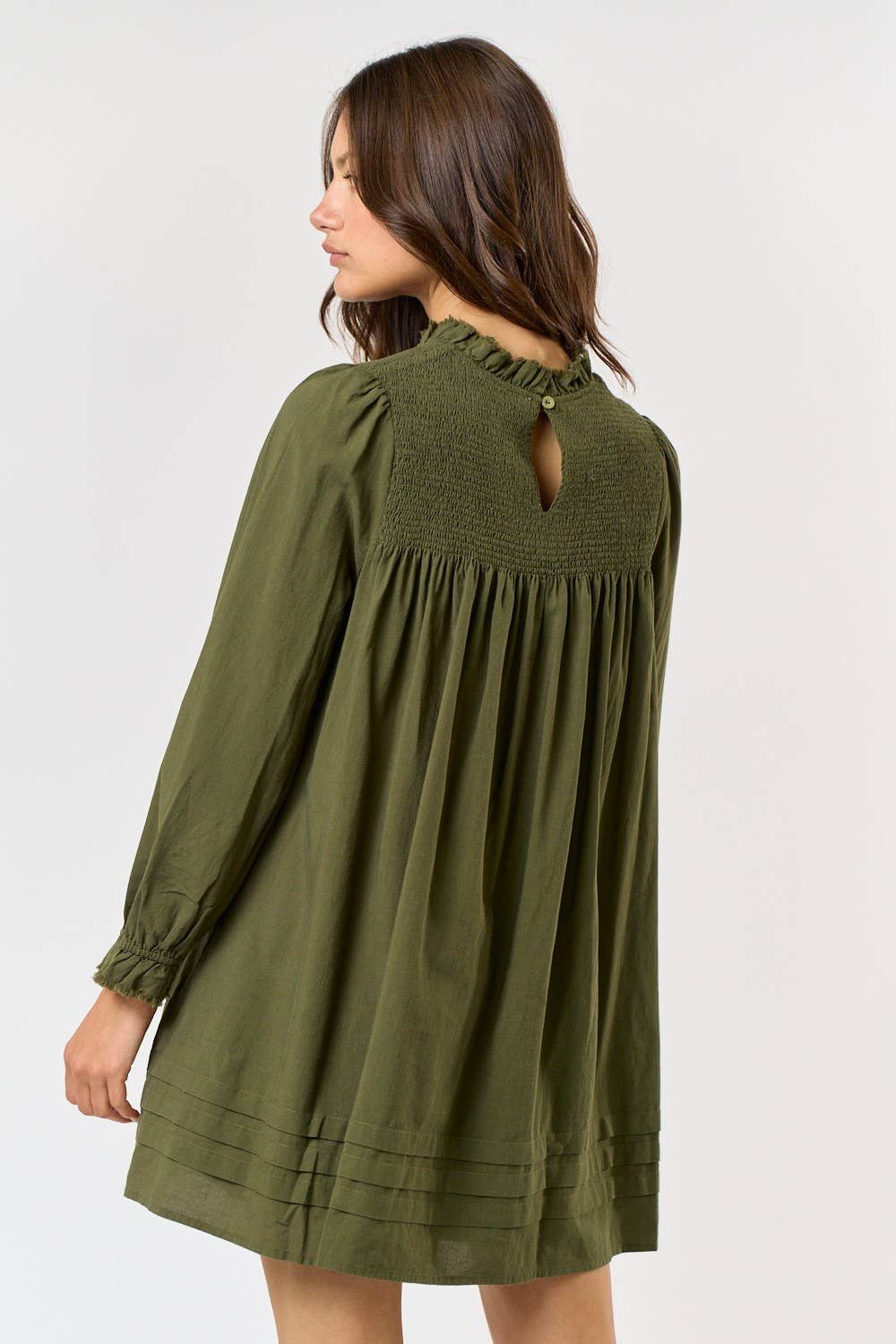 PUFF SLEEVE RUFFLED SMOCKING DETAIL MINI DRESS: OLIVE