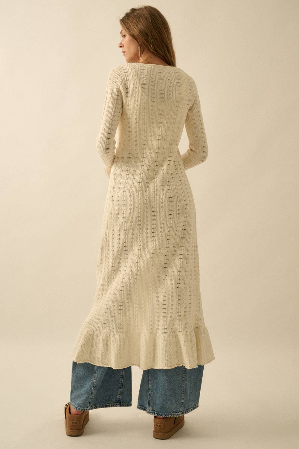 Pointelle Rib-Knit Trumpet-Sleeve Duster Cardigan: Cream