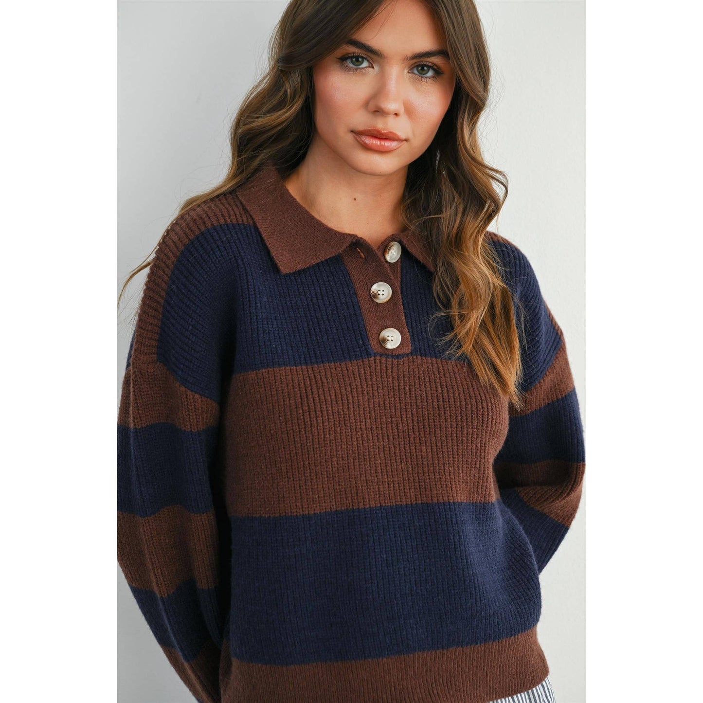Striped Color Block Collared Sweater: BROWN / OLIVE