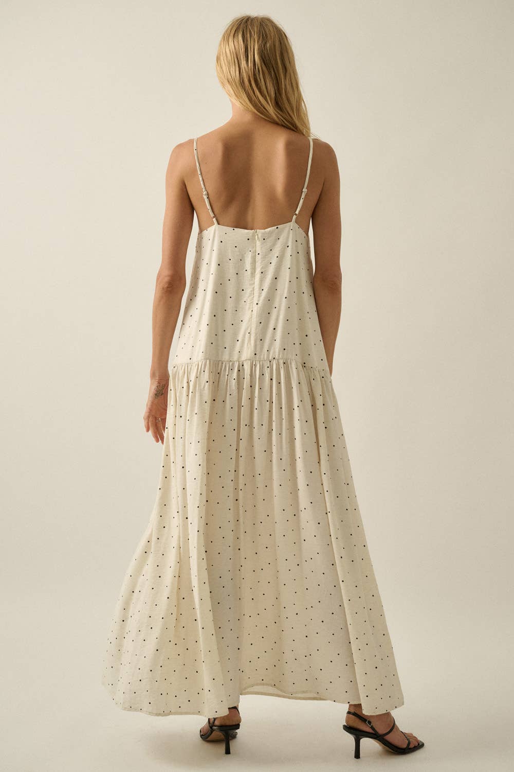 Polka Dot-Print Drop-Waist Cami Maxi Dress: Oatmeal
