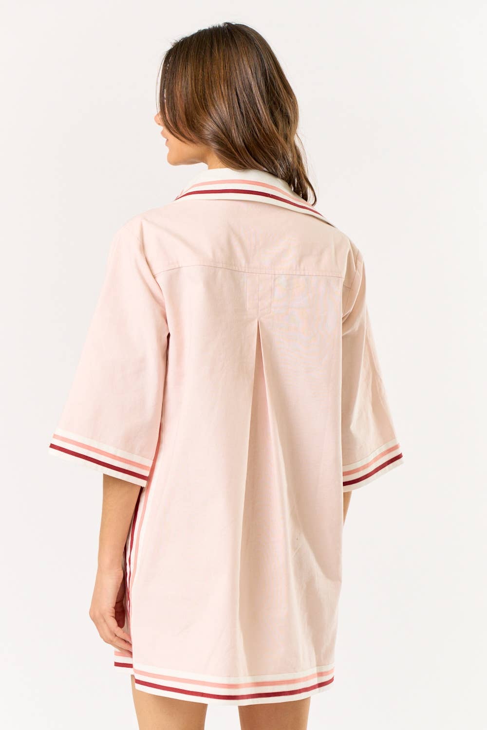 Striped Collared Oversize Mini Dress With Pockets: LT PINK