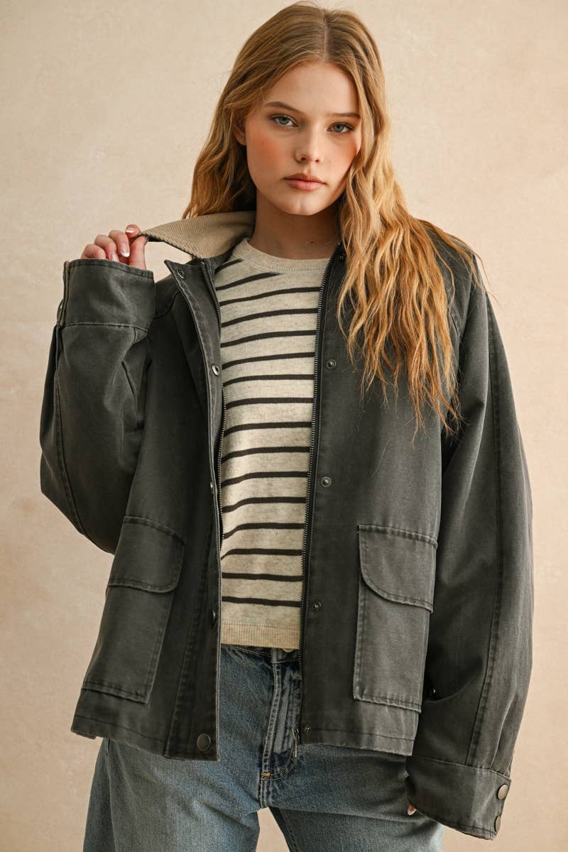 COLLAR UTILITY COAT JACKET : CHARCOAL