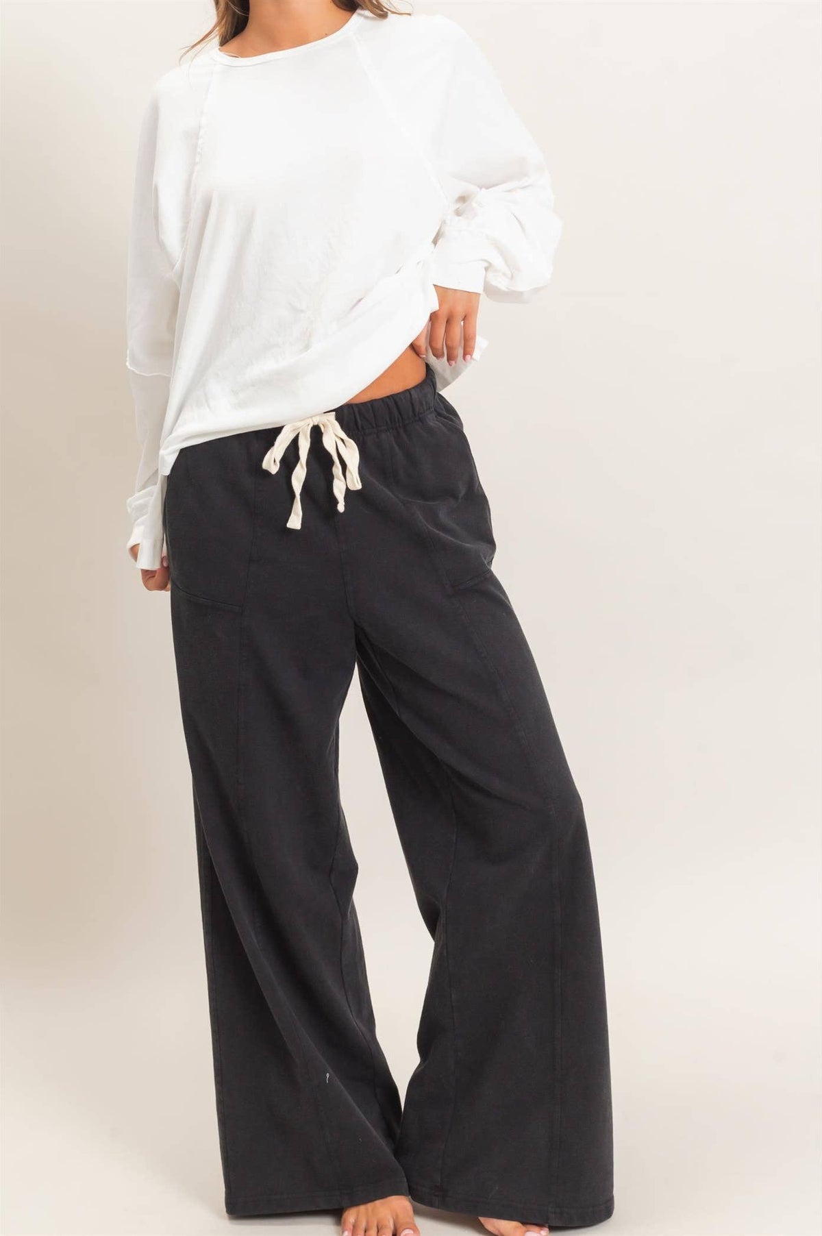 Acid Wash Drawstring Waist Wide Leg Pants: BLACK