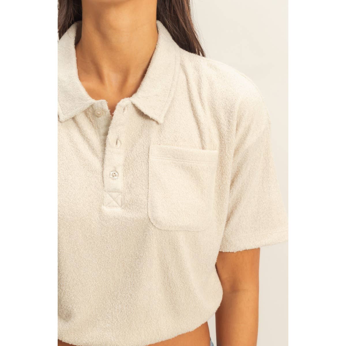 Collared Short Sleeve Crop Top: FRENCH VANILLA