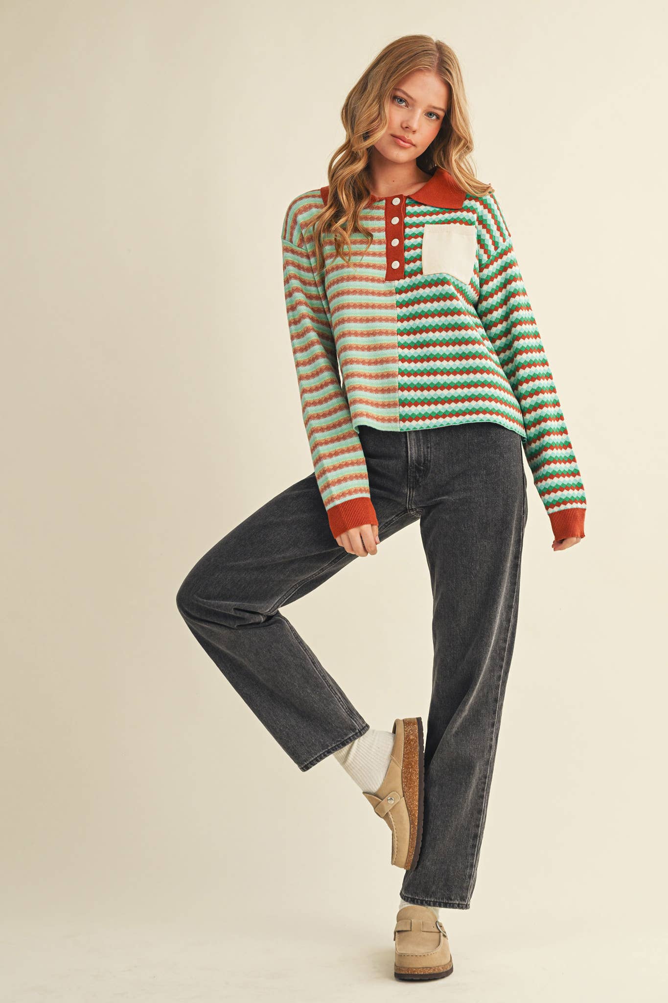 MULTI-COLOR STRIPED KNIT SWEATER: TEAL COPPER