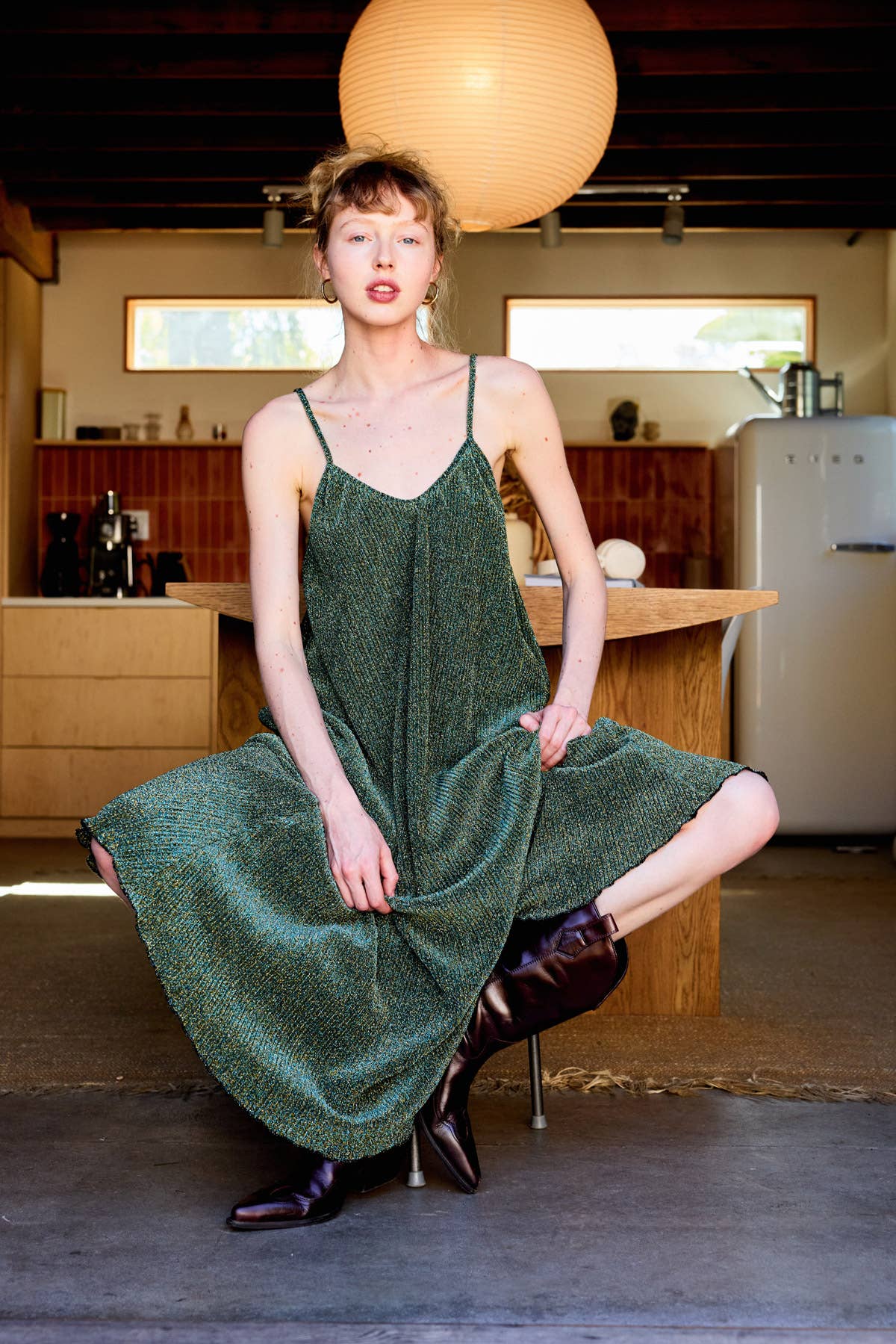Metallic Aurora Camisole Pleated Midi Dress : Olive