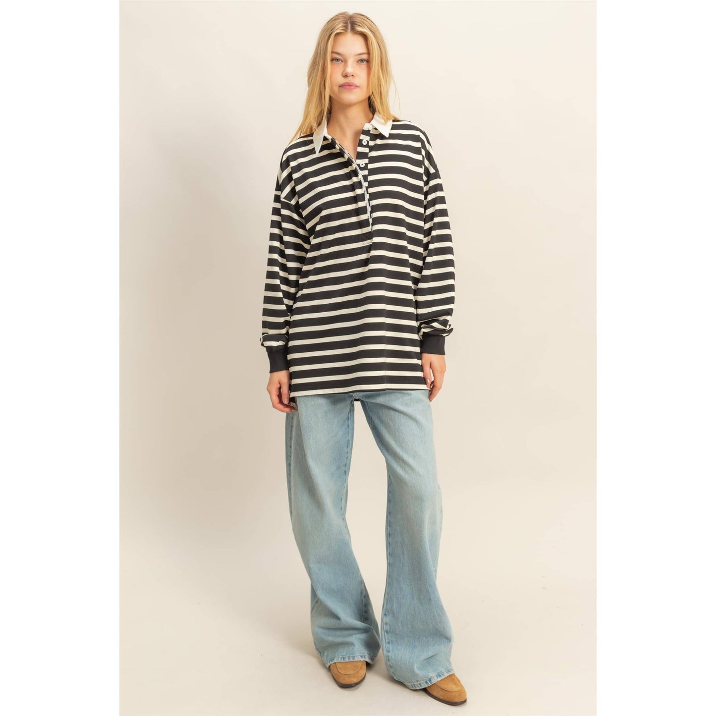 Classic Stripe Rugby Polo With Collar Shirt: BLACK/CREAM