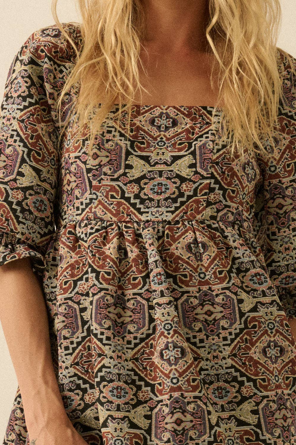 Ornate Jacquard Tapestry Babydoll Mini Dress: Black