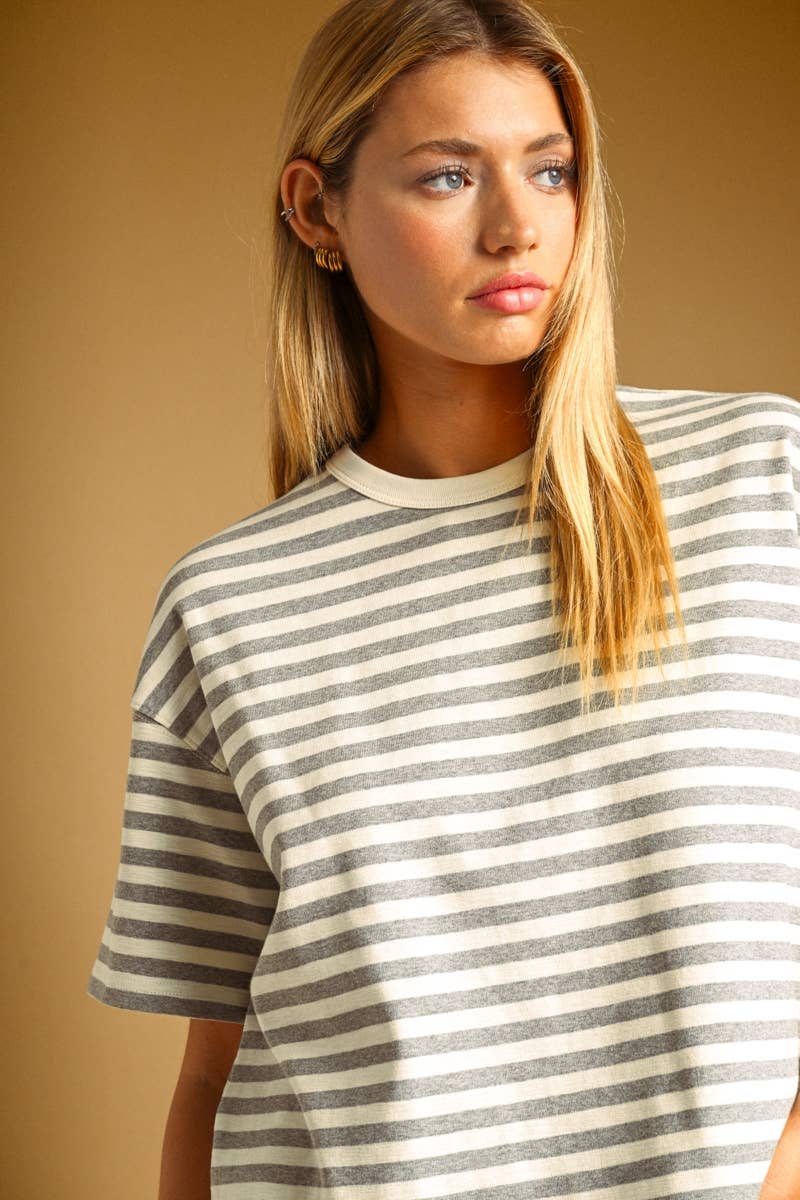 BOLD STRIPED SHORT SLEEVE TOP: HEATHER GREY